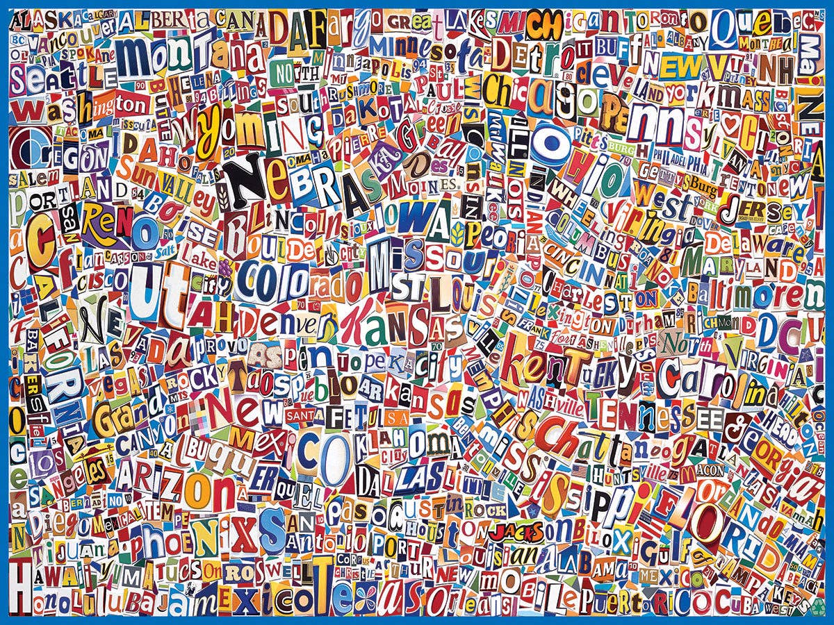 Map of the United States made from various colored letters