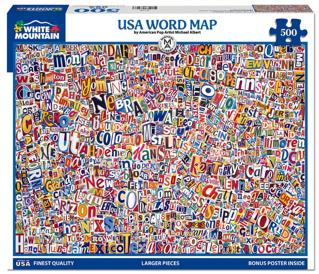 USA Word Map puzzle box with colorful letters on a white background
