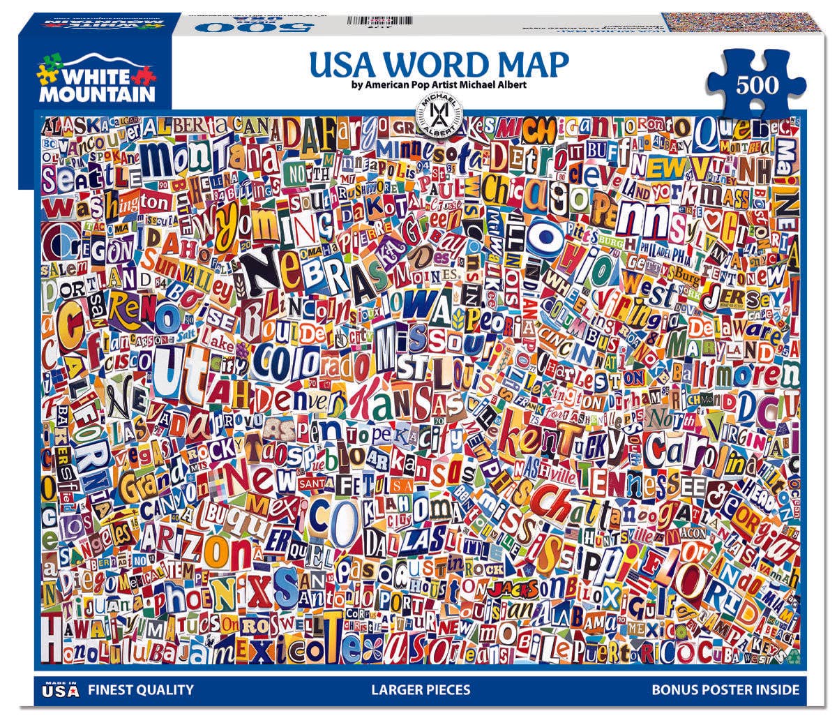 USA Word Map puzzle box with colorful letters on a white background