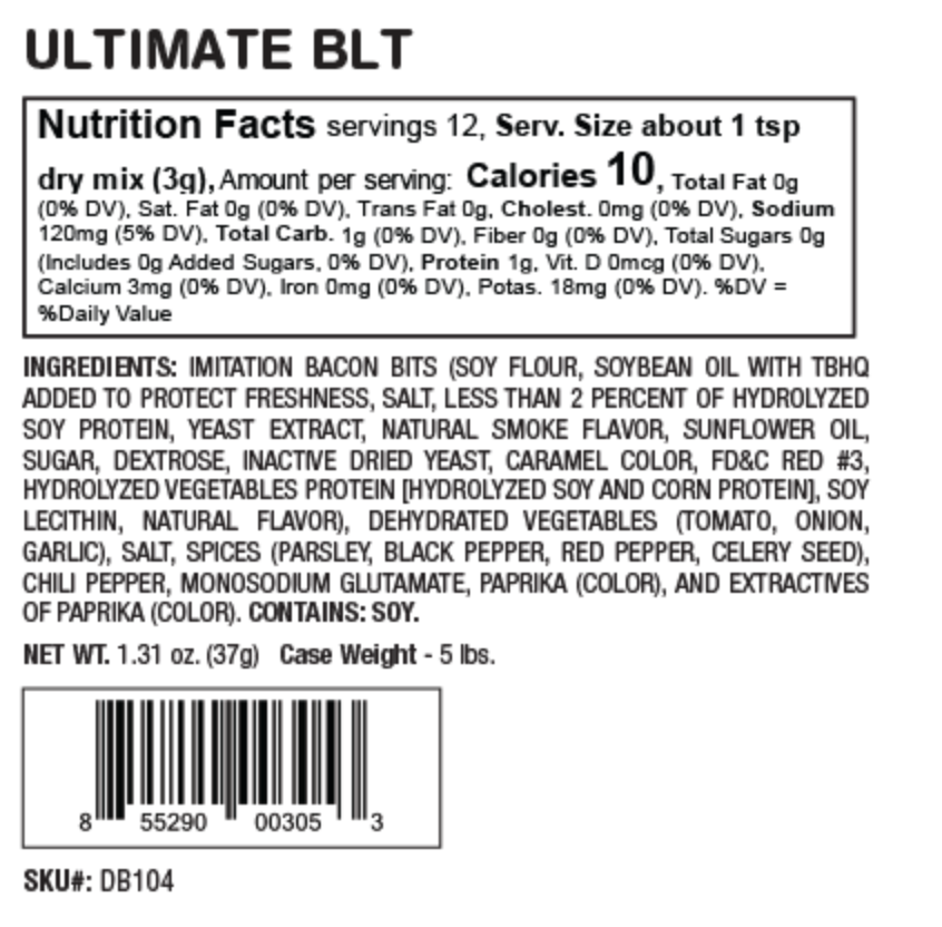 Nutrition facts and ingredients label for a product called 'Ultimate BLT'.