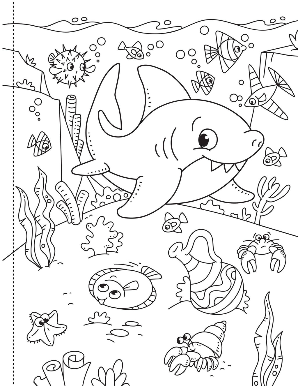 Coloring page with a shark and underwater creatures on a white background