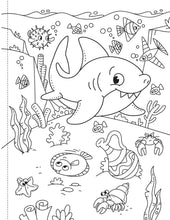 Load image into Gallery viewer, Coloring page with a shark and underwater creatures on a white background
