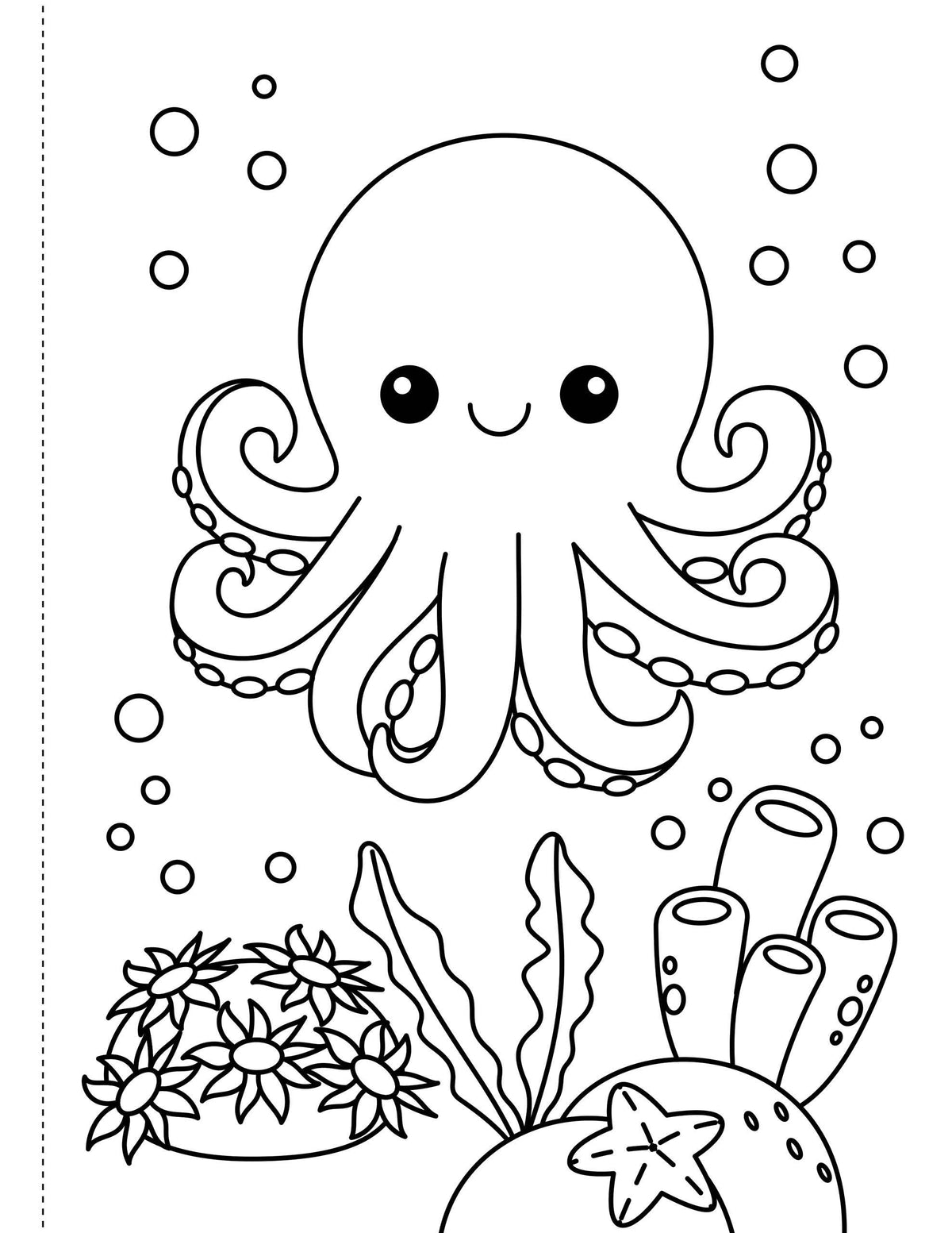 Coloring page with a cute octopus and underwater elements on a white background.