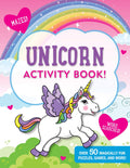 Cover of a unicorn activity book with a rainbow and cloud design.
