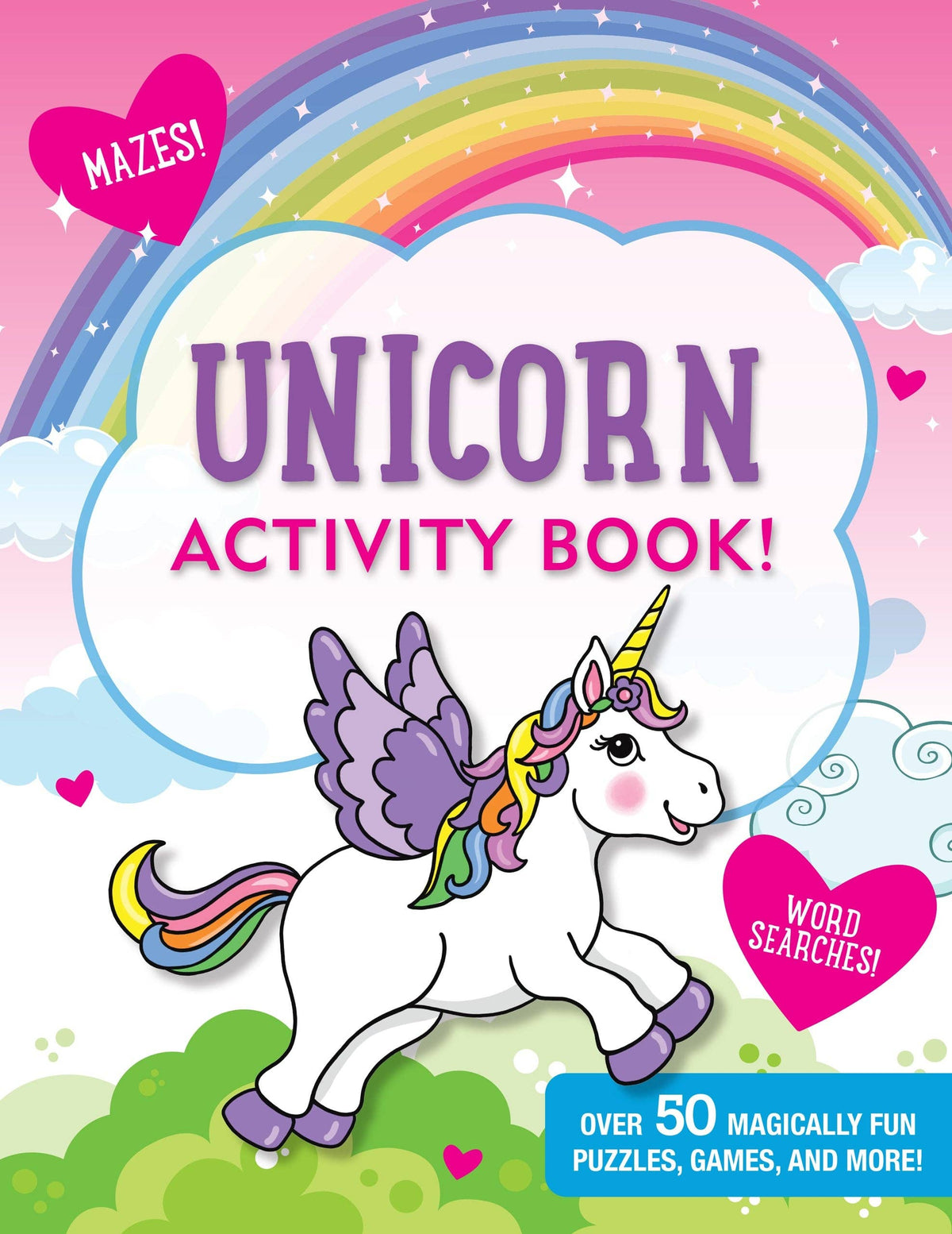 Cover of a unicorn activity book with a rainbow and cloud design.