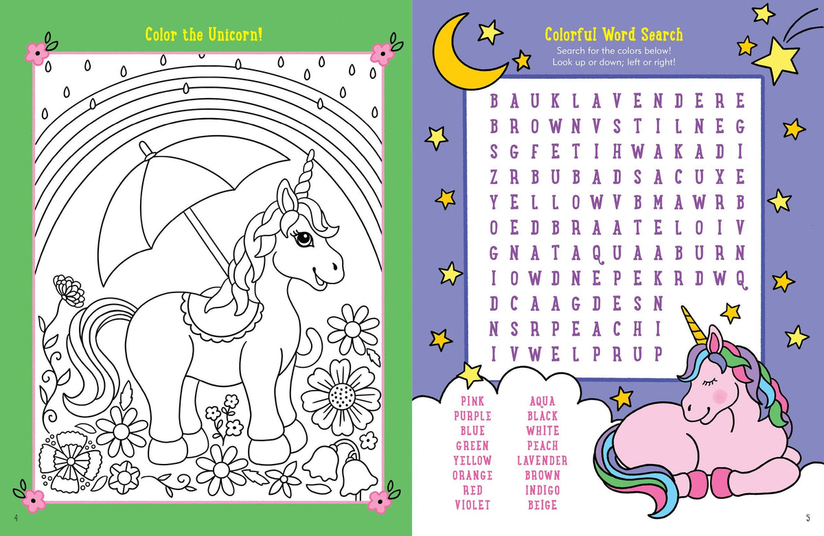 Coloring book page with unicorn coloring and word search activities.