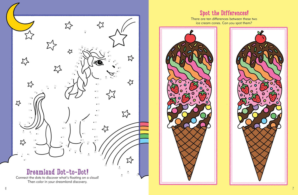Coloring book page with unicorn and rainbow, and ice cream cone illustrations.