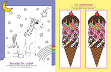 Load image into Gallery viewer, Coloring book page with unicorn and rainbow, and ice cream cone illustrations.
