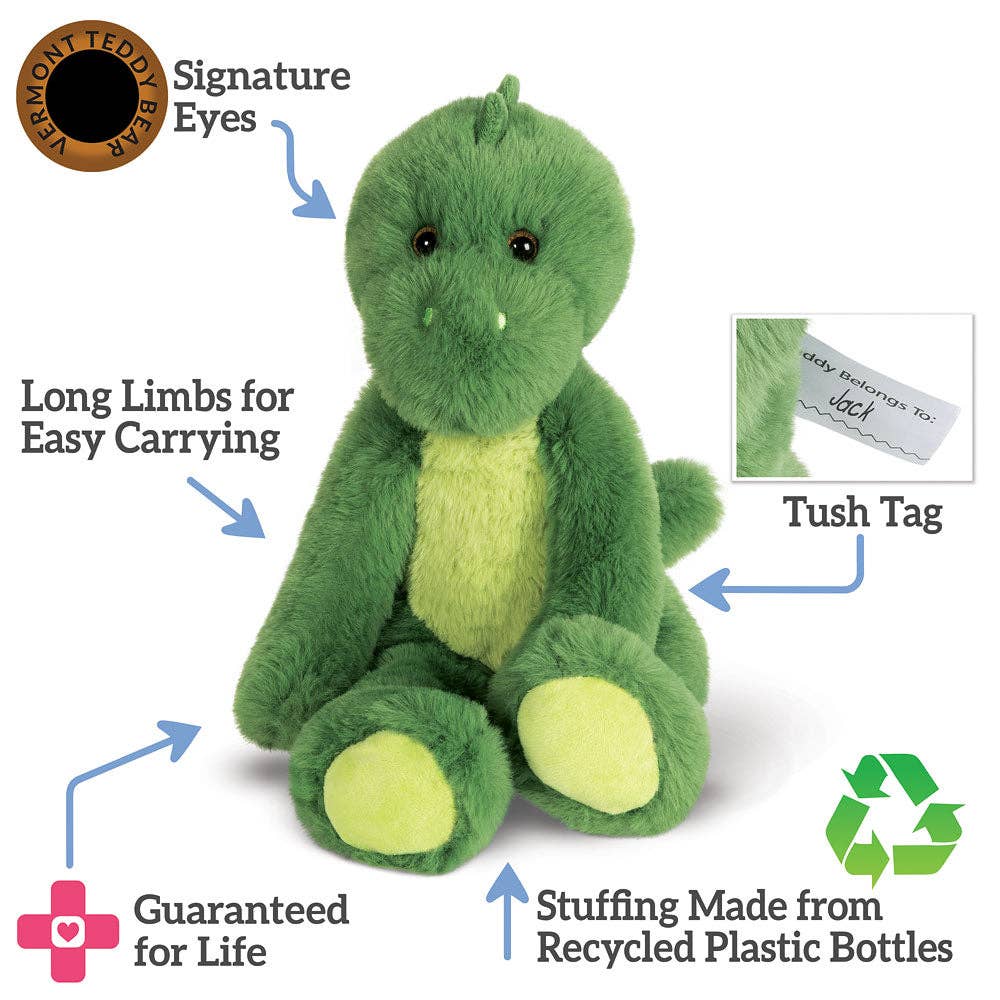 Green plush dinosaur toy with features labeled on a white background