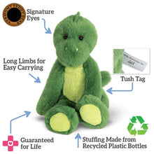 Load image into Gallery viewer, Green plush dinosaur toy with features labeled on a white background

