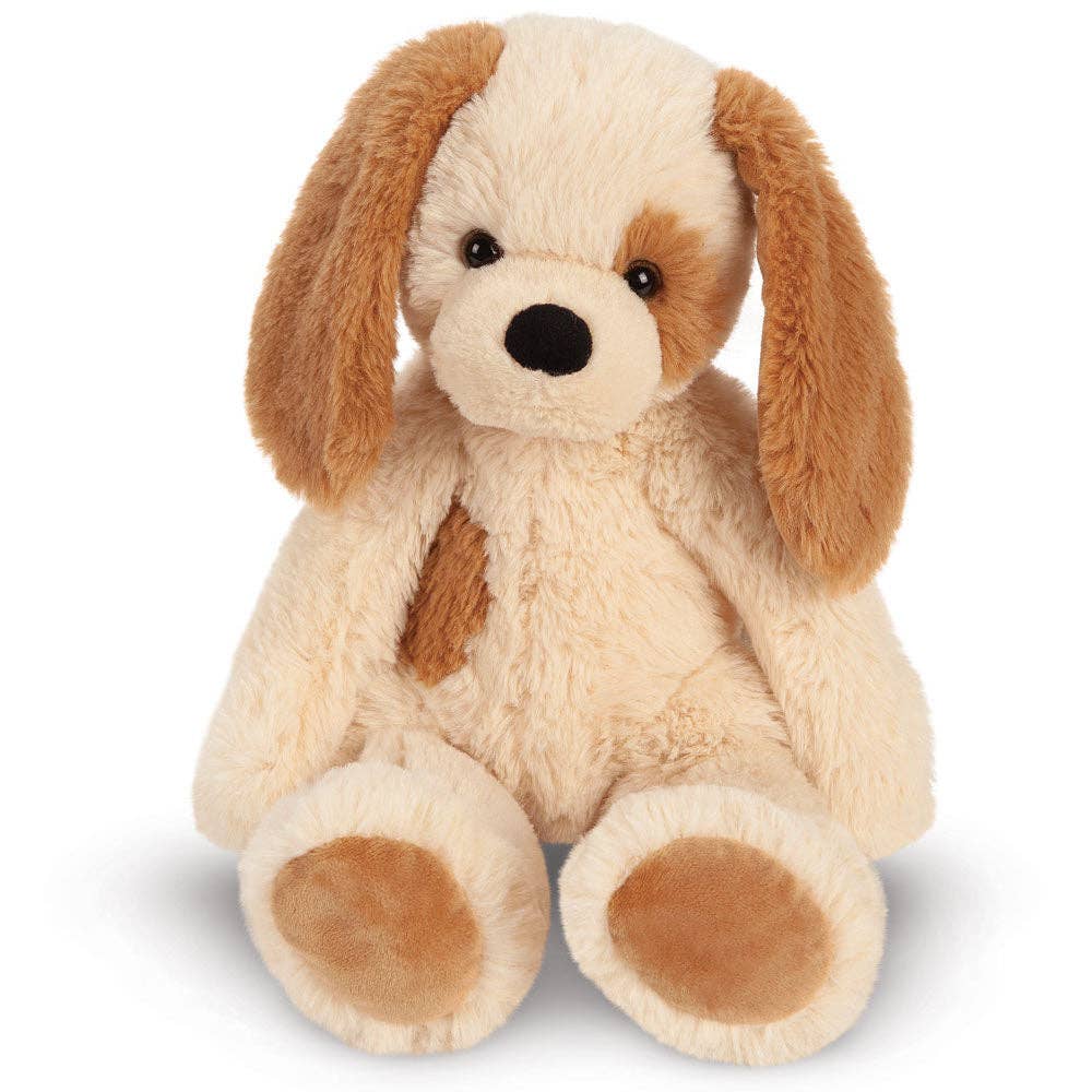 Plush dog toy with brown and beige fur on a white background