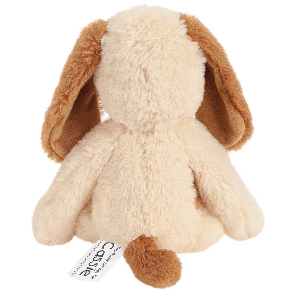 Plush dog toy with brown ears and paws on a white background