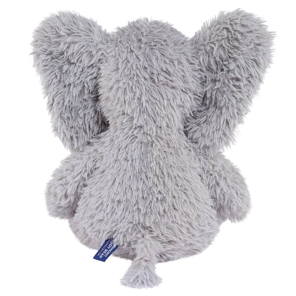 Gray plush toy with a blue tag on a white background