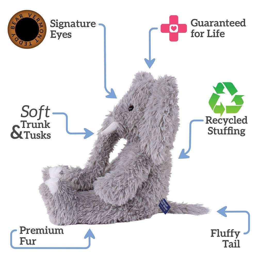 Gray stuffed elephant with features highlighted on a white background