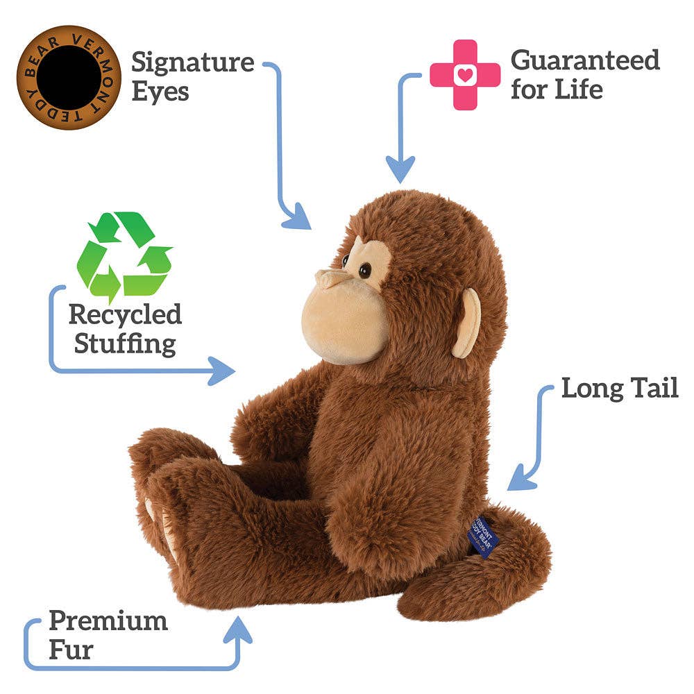 Stuffed monkey toy with features highlighted on a white background