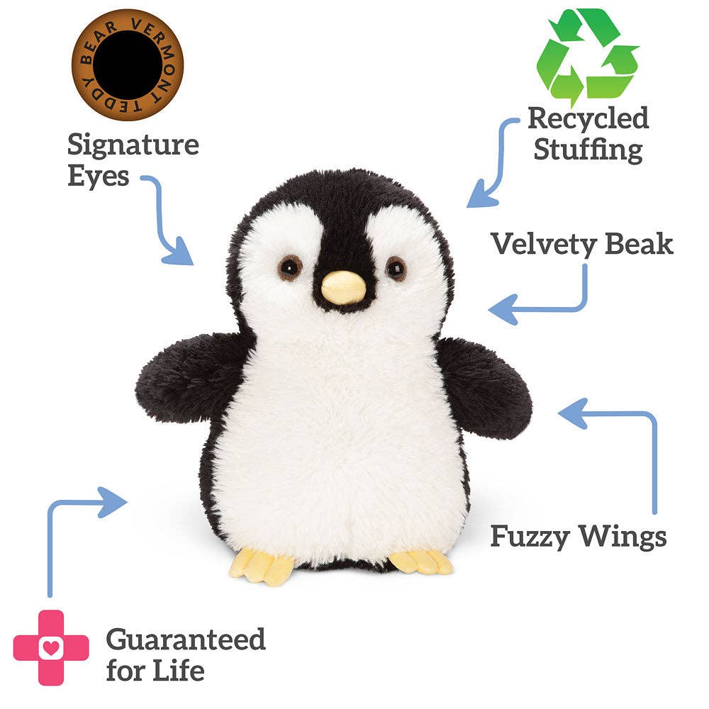 Plush penguin toy with features labeled on a white background