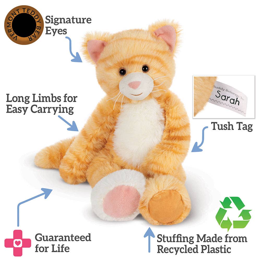 Plush cat toy with features highlighted on a white background