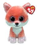 Ty Beanie Boos plush fox toy with large glittery eyes, orange and white fur, and a red heart-shaped Ty tag on a white background.