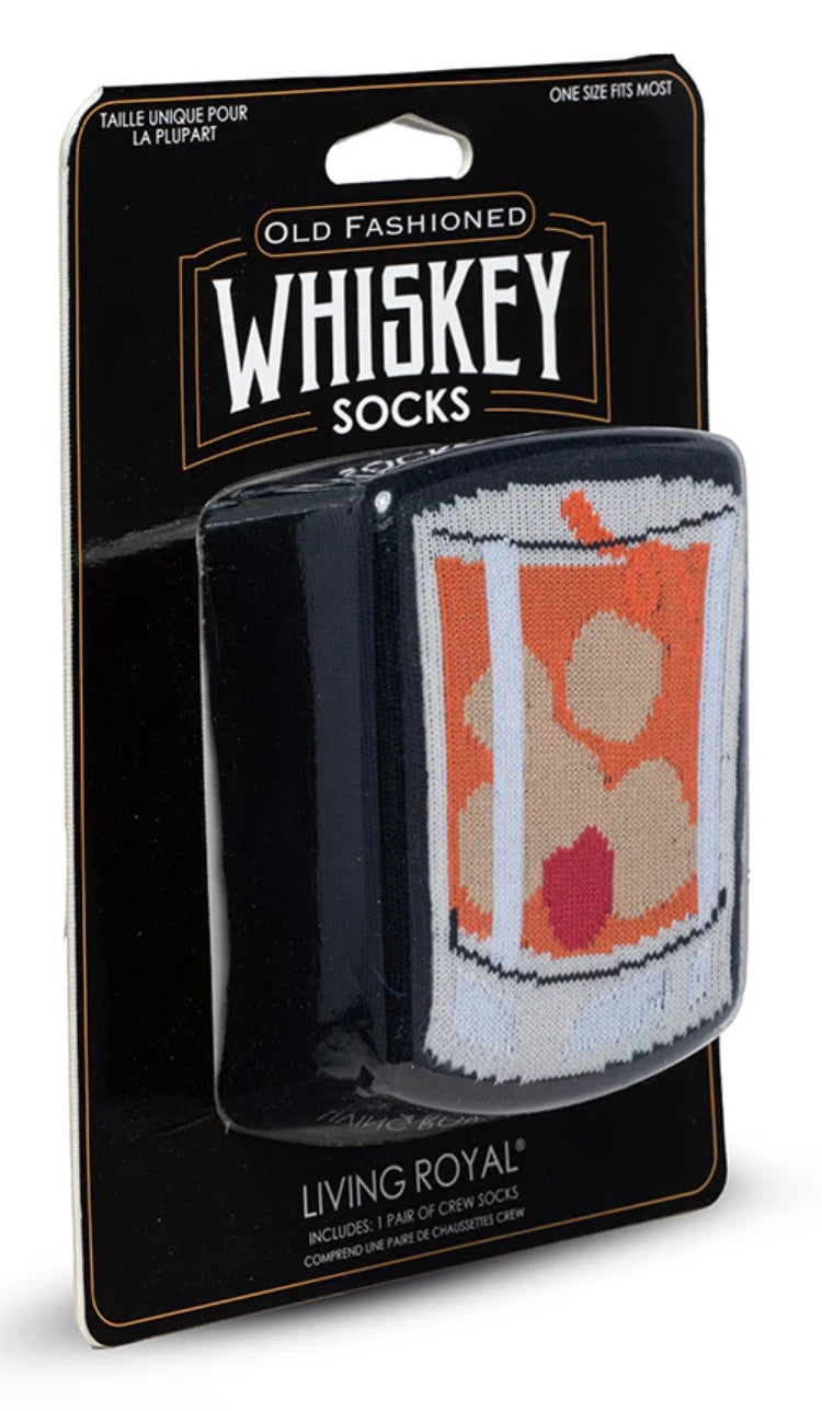 Packaged old-fashioned whiskey socks with a glass illustration on a black background