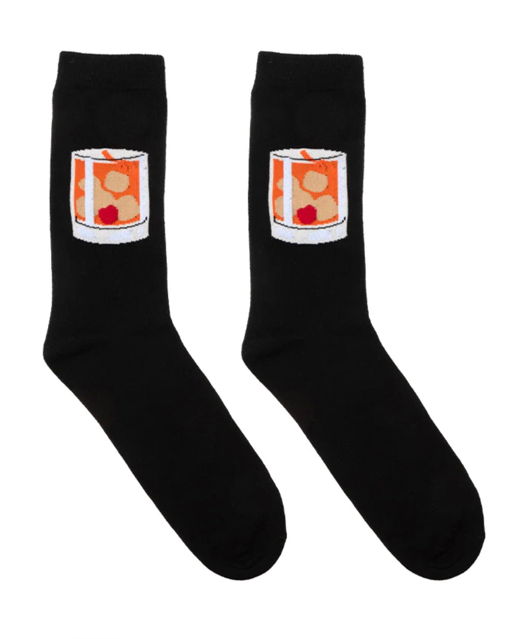 Black socks with a can of soda design on a white background

Details