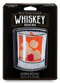 Packaged whiskey-themed socks with a glass design on a black background