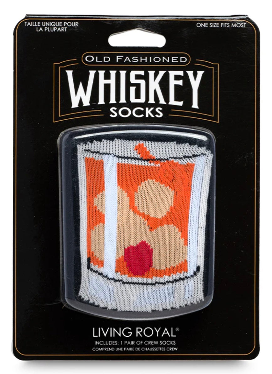 Packaged whiskey-themed socks with a glass design on a black background