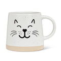 White mug with black cat face design on a white background