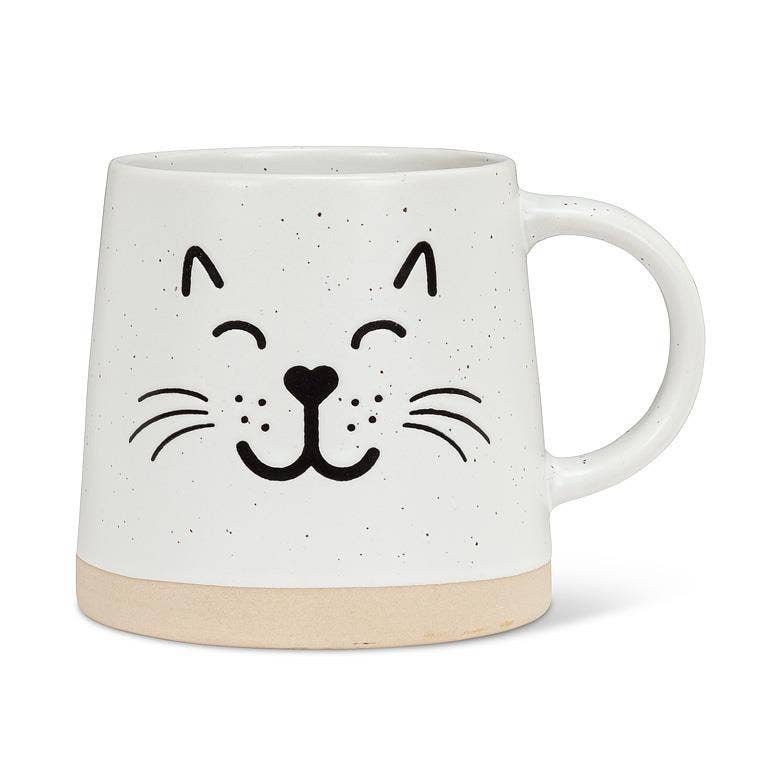 White mug with black cat face design on a white background