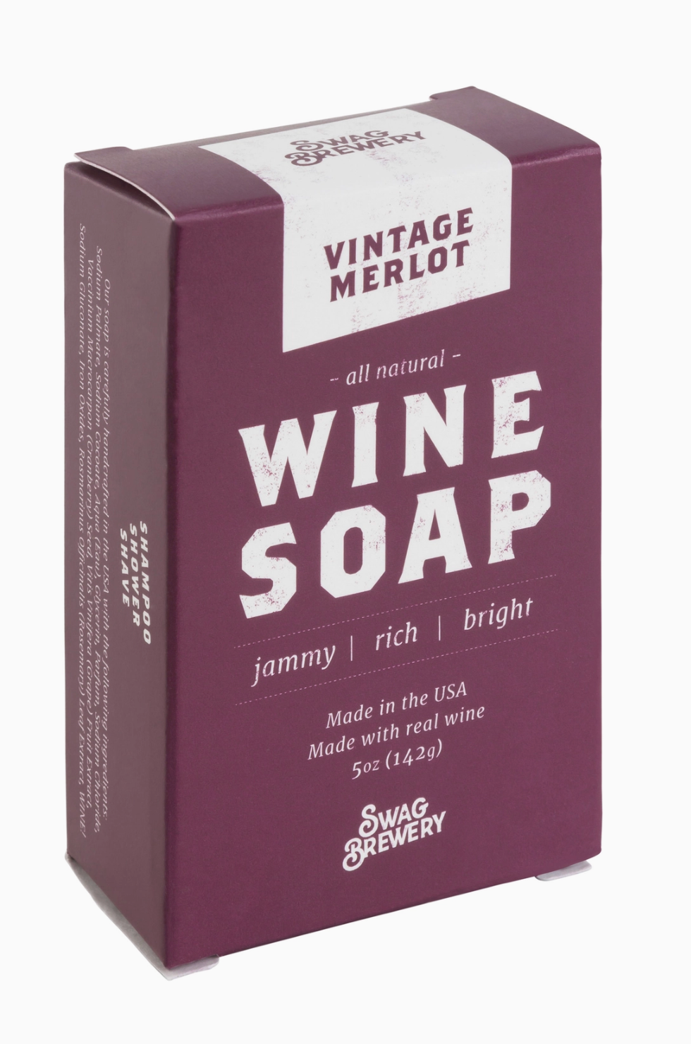 A 5 oz box of Swag Brewery Vintage Merlot wine soap, featuring a deep burgundy box with white text and a white top flap.
