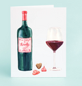 Card with illustration of a wine bottle, glass, and chocolates on a light blue background