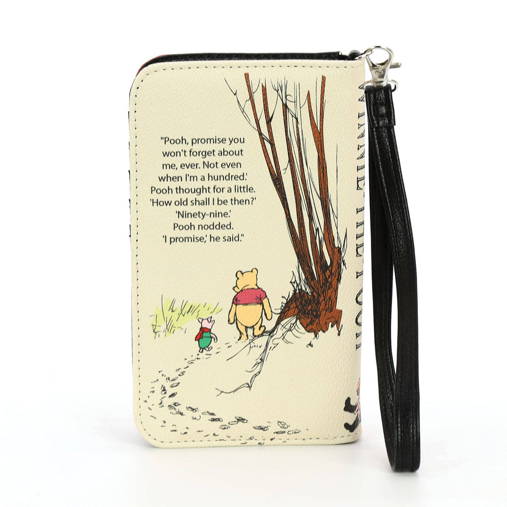 Phone wallet case with Winnie the Pooh design and text on a white background