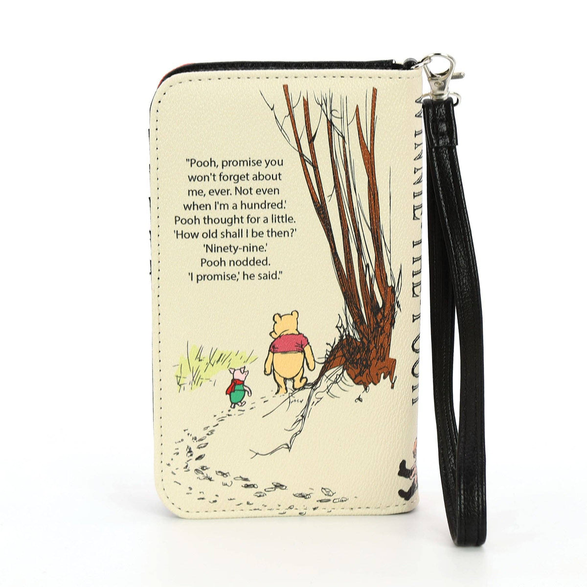 Phone wallet case with Winnie the Pooh design and text on a white background