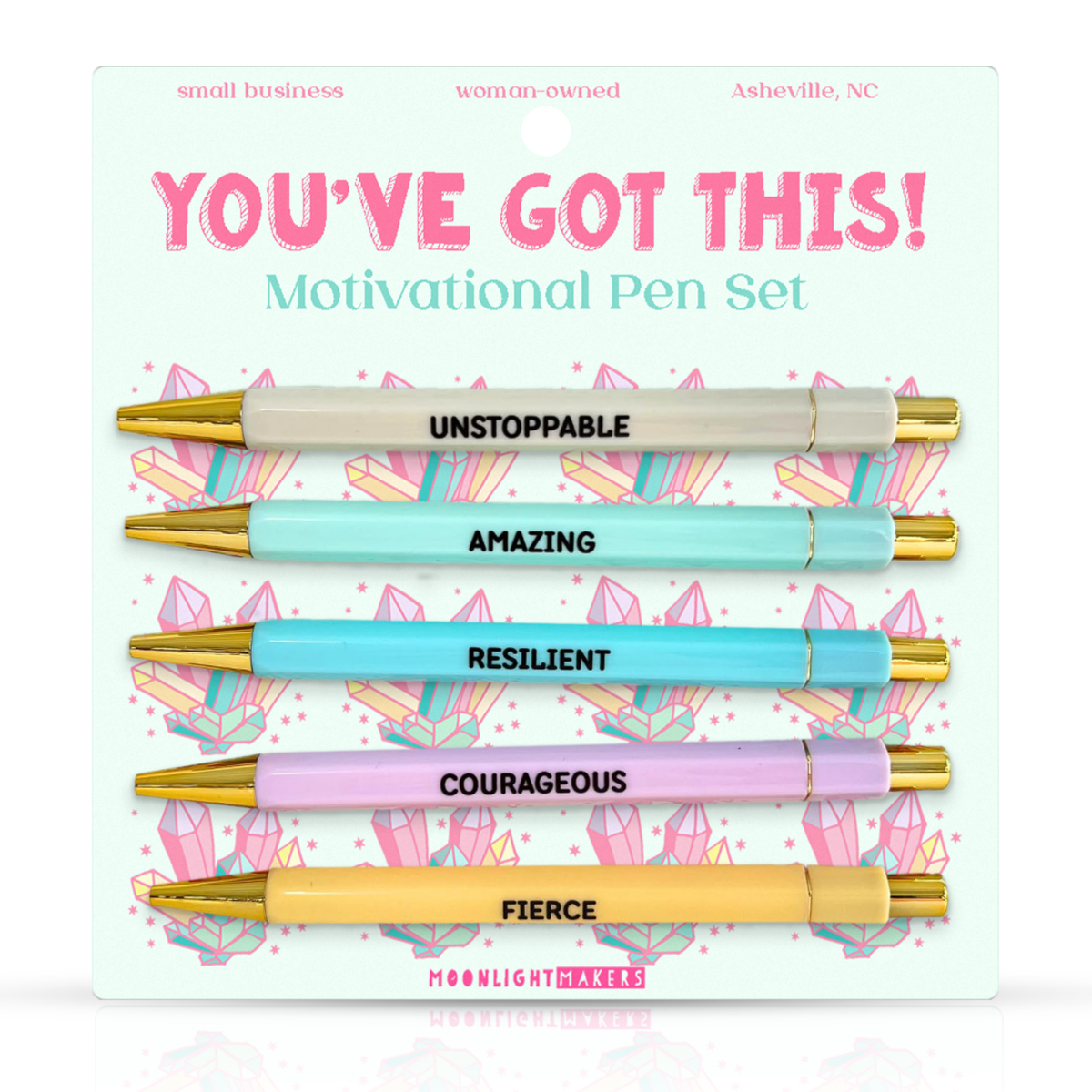 Motivational pen set with colorful pens and inspirational text on a decorative card.
