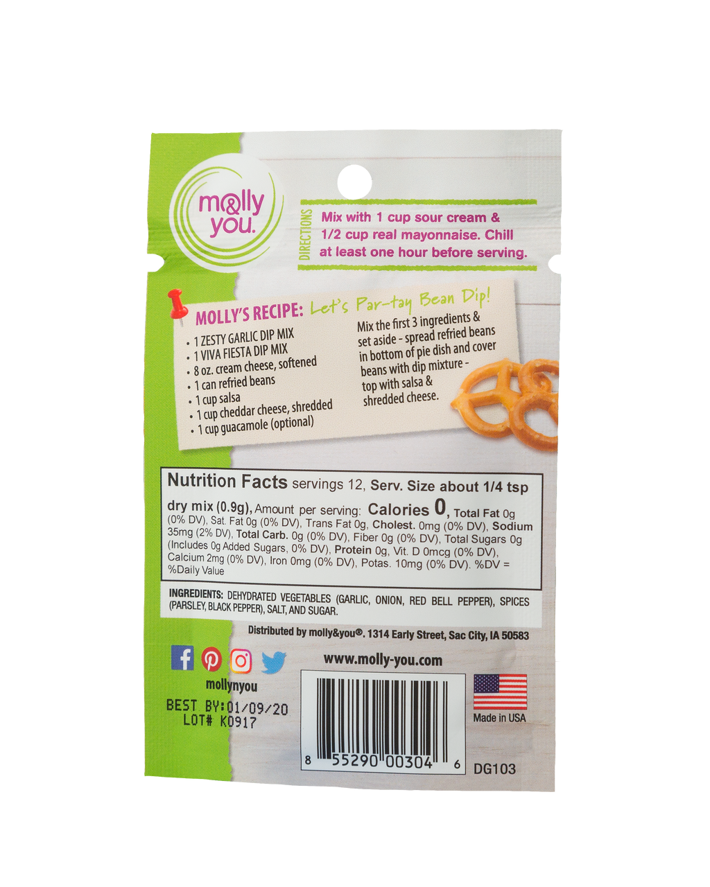 Back of a Molly's You! product packaging with text and nutrition facts.