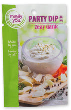 Load image into Gallery viewer, Molly You Zesty Garlic Party Dip Mix packaging with a bowl of dip and ingredients on a white background.
