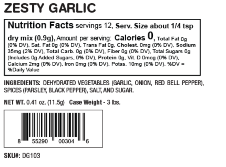 Nutrition facts label for Zesty Garlic dry mix on a white background