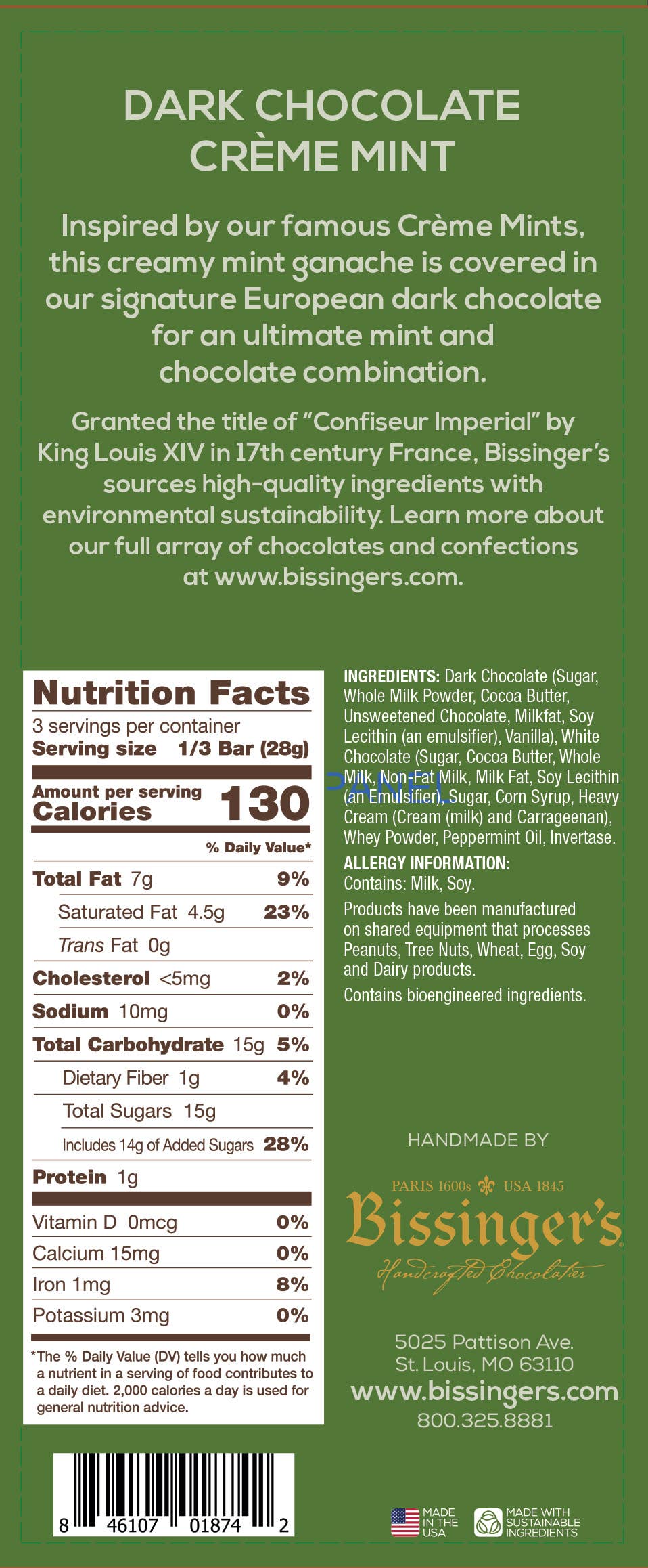 Bissinger's Dark Chocolate Crème Mint Bar - 3 OZ