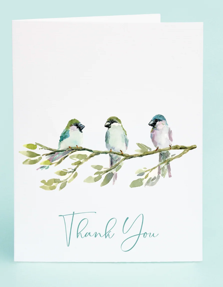 Card with watercolor illustration of three birds on a branch and 'Thank You' text on a light blue background