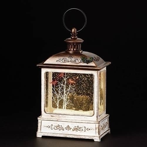 Lighted Swirl Lantern; Black Bear with Cardinal
