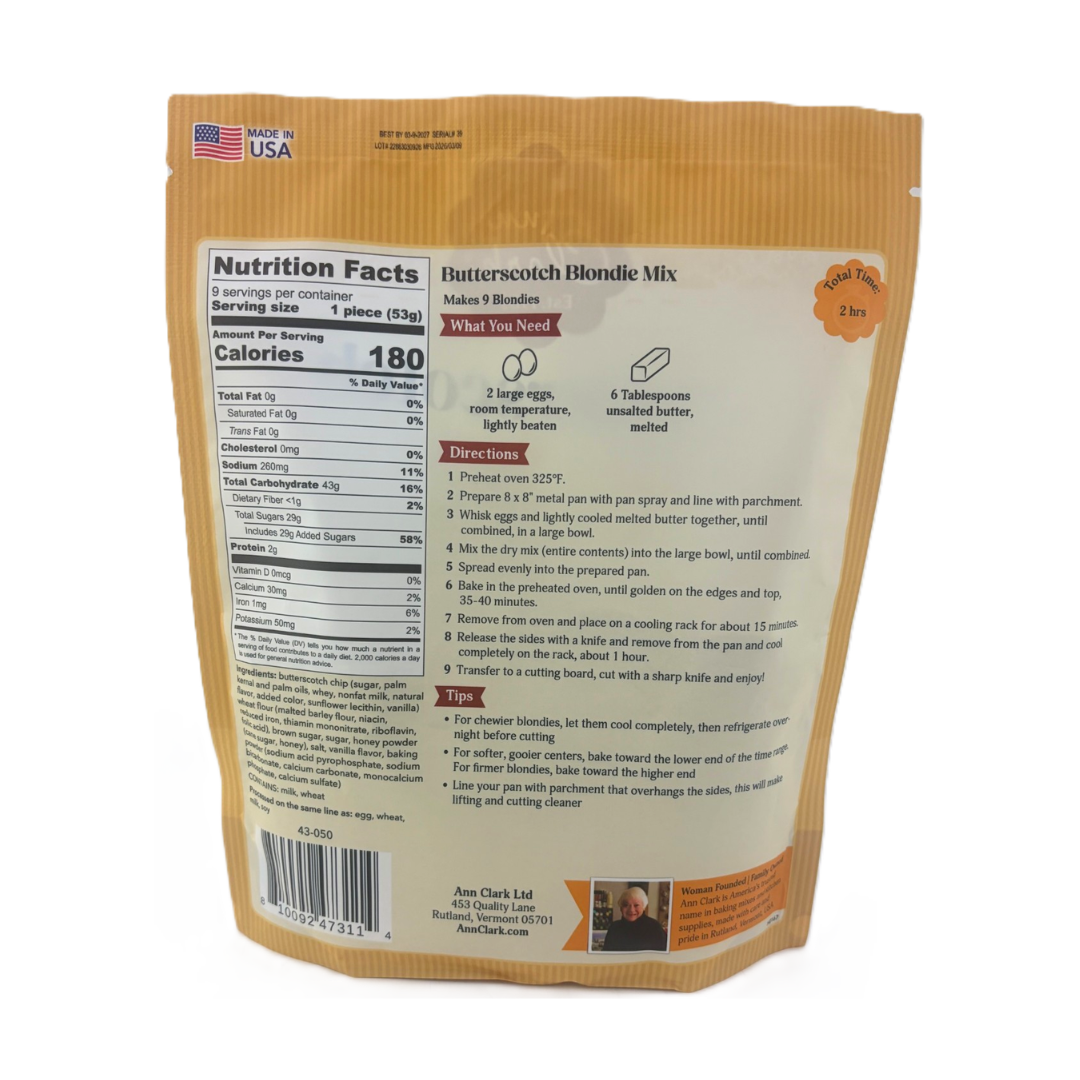 Back of a brown baking mix package with nutritional information and recipe details.