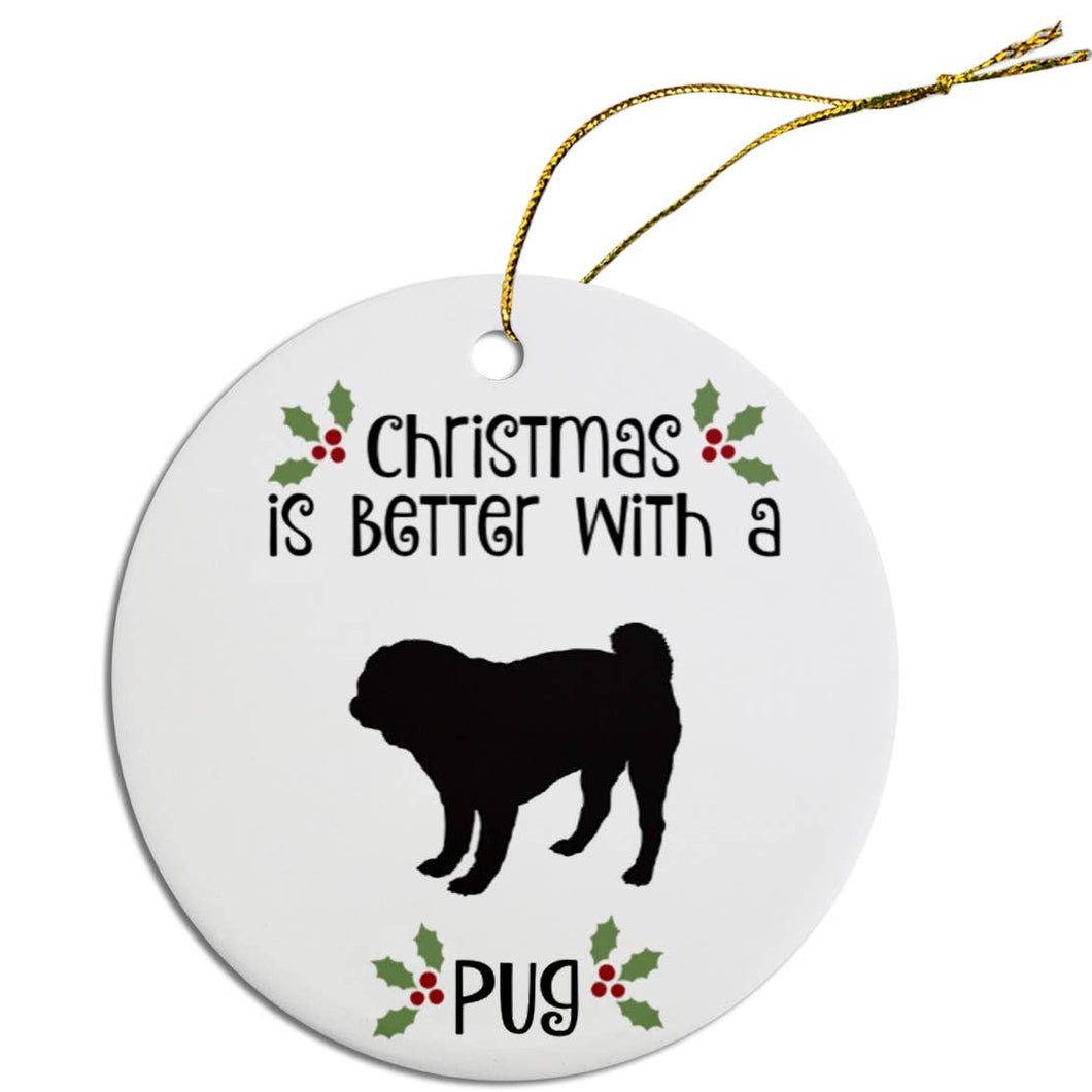 Pug Round Ceramic Christmas Ornament