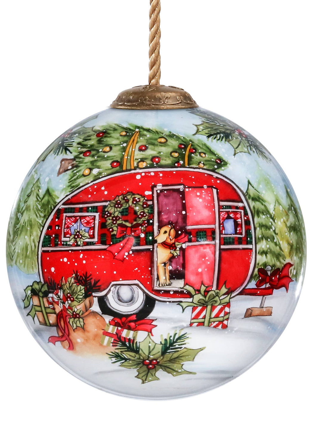 Red Camper Hand Painted Christmas Glass Ornament (home for the holidays)