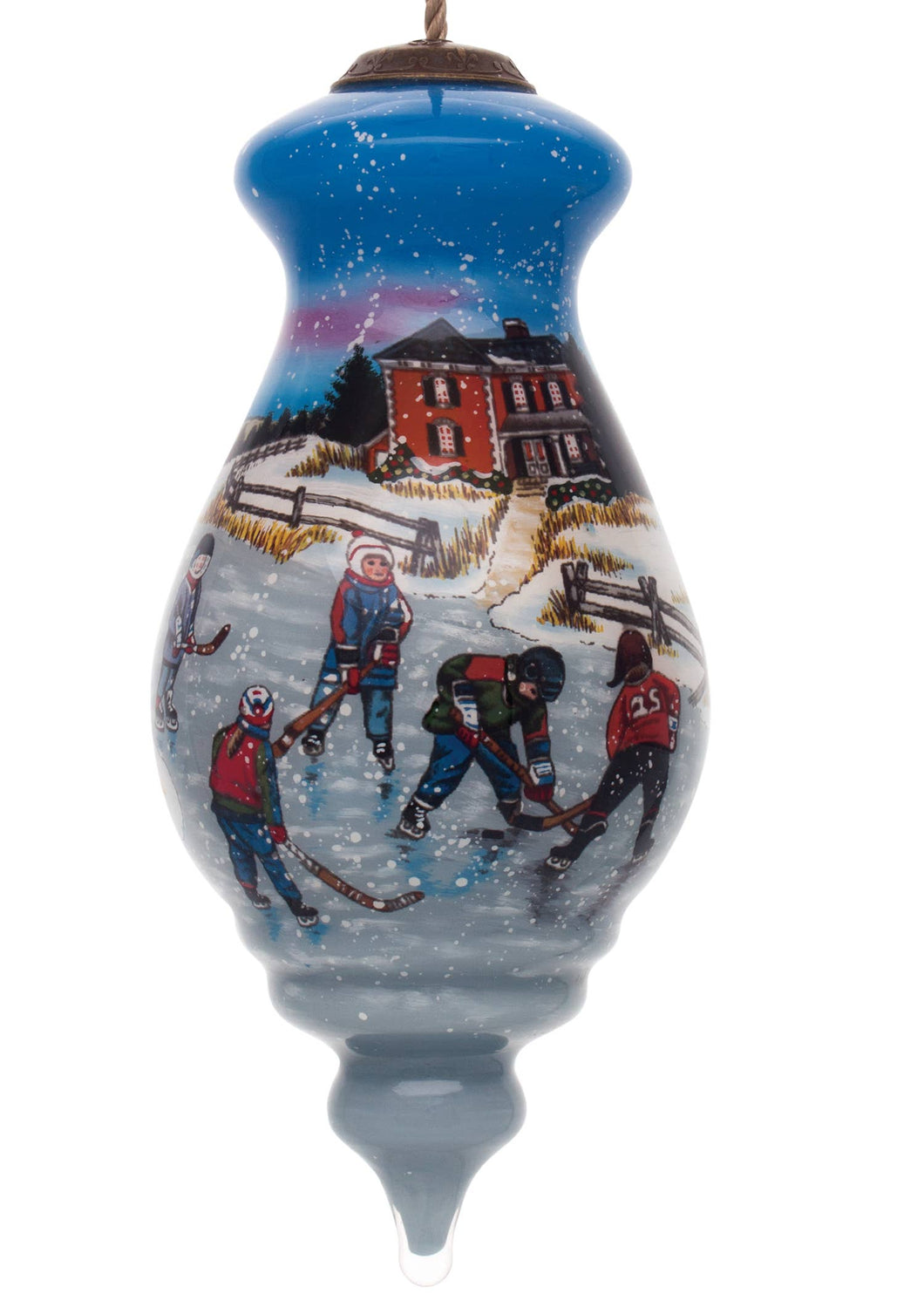 A Country Christmas Pond Hockey Glass Christmas Ornament - Hand Painted
