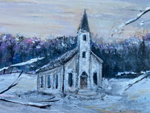 Load image into Gallery viewer, &quot;Snowy Sunrise&quot; reclaimed wood painting
