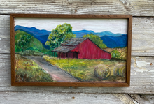 Load image into Gallery viewer, Red Barn in the Blue Ridge Mountains. Original reclaimed wood painting.
