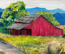 Load image into Gallery viewer, Red Barn in the Blue Ridge Mountains. Original reclaimed wood painting.
