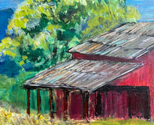 Load image into Gallery viewer, Red Barn in the Blue Ridge Mountains. Original reclaimed wood painting.

