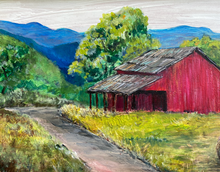 Load image into Gallery viewer, Red Barn in the Blue Ridge Mountains. Original reclaimed wood painting.
