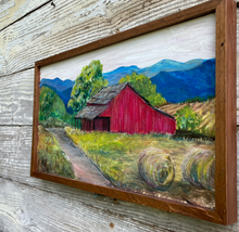 Load image into Gallery viewer, Red Barn in the Blue Ridge Mountains. Original reclaimed wood painting.
