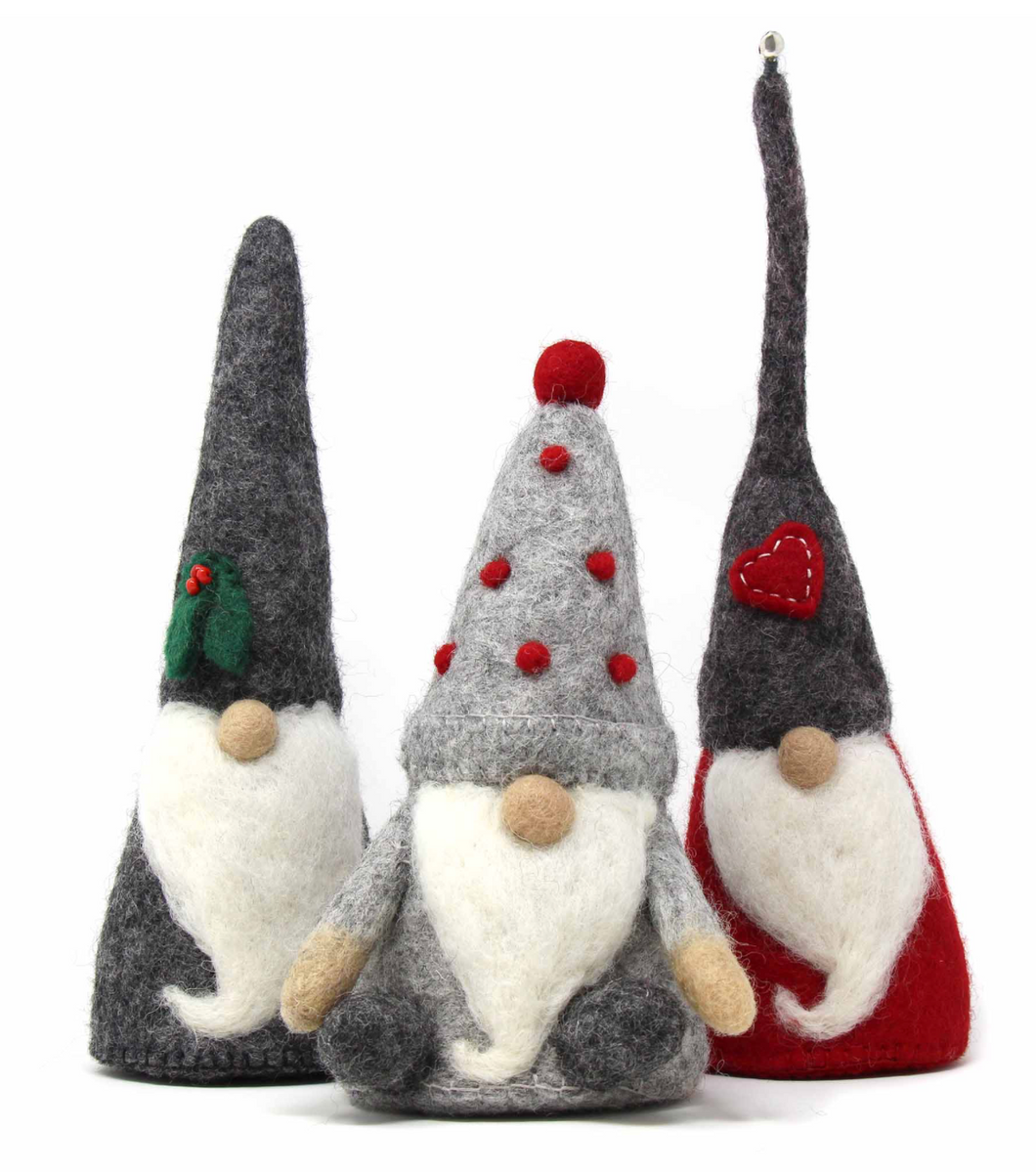 Hand Crafted Felt Gnome. Grey Hat with Red Heart- Nepal